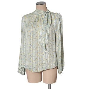 KONTROL Contemporary Green Metallic Floral Tie Neck Blouse Top Shirt M